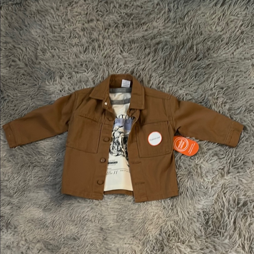 Brown Jean Jacket with Pointed Collar and Long Sleeves & Short Sleeve Moto Tee
